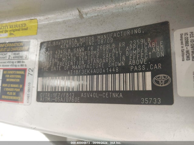 2010 Toyota Camry Le მანქანა იყიდება აუქციონზე, vin: 4T1BF3EK4AU041448, აუქციონის ნომერი: 40005873