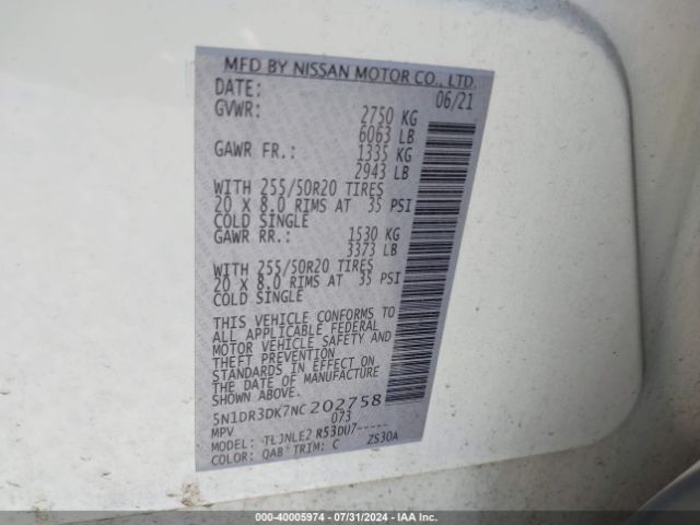 5N1DR3DK7NC202758 Nissan Pathfinder Platinum 4wd