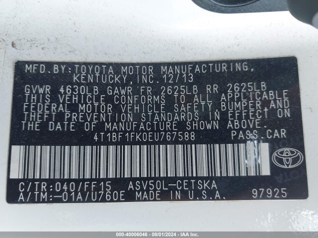 Toyota CAMRY SE 2014 4T1BF1FK0EU767588 Image 9