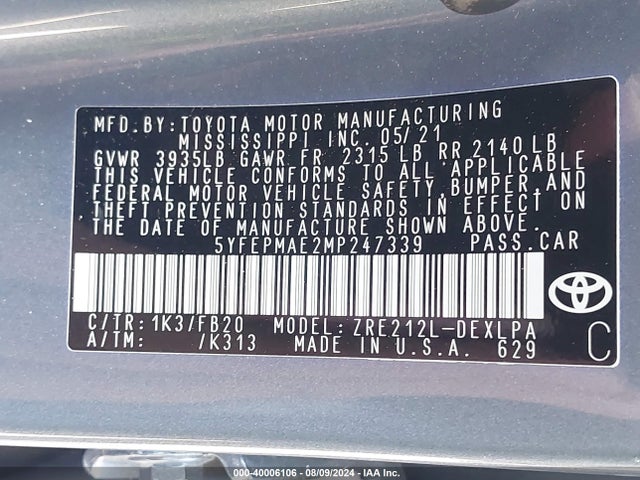 Toyota COROLLA LE 2021 5YFEPMAE2MP247339 Image 9