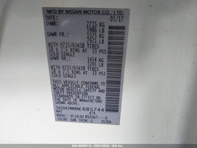 Nissan Pathfinder S 2017 5N1DR2MN9HC685744 Image 9