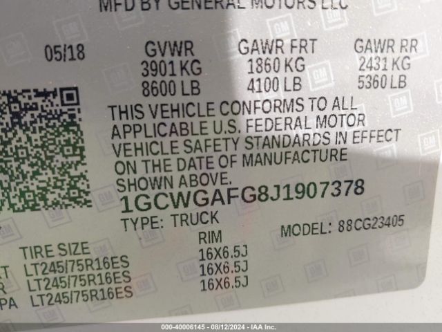 1GCWGAFG8J1907378 Chevrolet Express 2500 Work Van