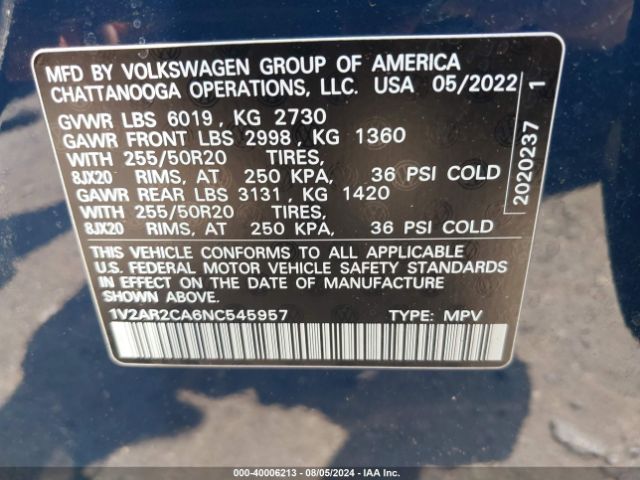 1V2AR2CA6NC545957 Volkswagen Atlas 3.6l V6 Sel R-line