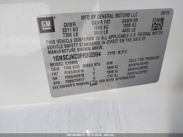 Chevrolet Suburban 1500 Lt 2015 1GNSCJKC0FR302994 Image 9