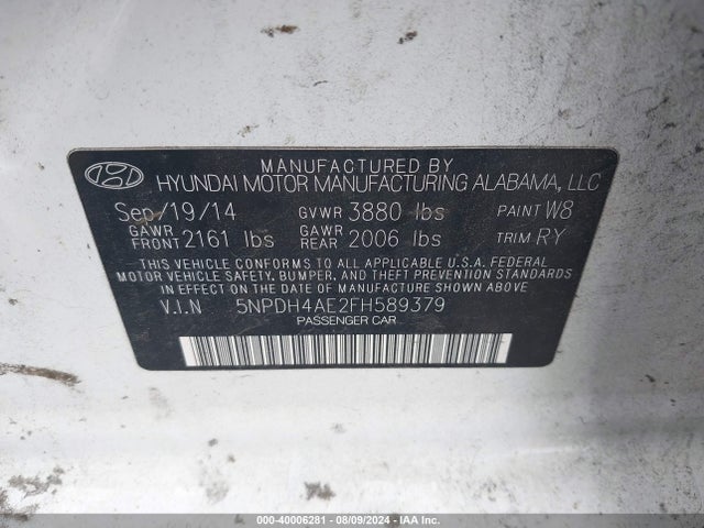 Hyundai ELANTRA SE 2015 5NPDH4AE2FH589379 Image 9