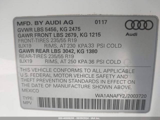 WA1ANAFY2J2003720 Audi Q5 2.0t Premium/2.0t Tech Premium