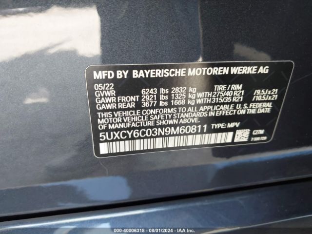 5UXCY6C03N9M60811 BMW X6 Xdrive40i