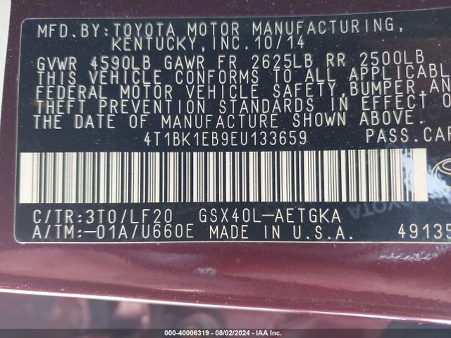 Toyota Avalon Xle Premium 2014 4T1BK1EB9EU133659 Image 9