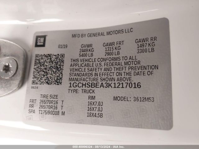 1GCHSBEA3K1217016 Chevrolet Colorado Wt