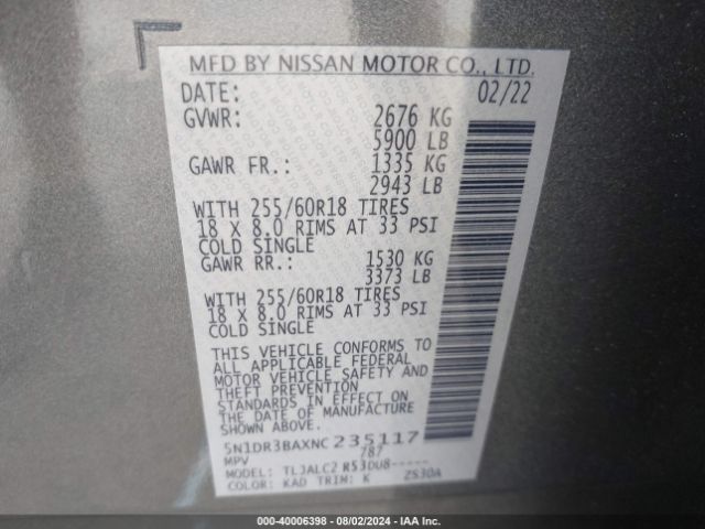 5N1DR3BAXNC235117 Nissan Pathfinder Sv 2wd