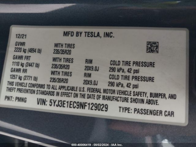 5YJ3E1EC9NF129029 Tesla Model 3 Performance Dual Motor All-wheel Drive