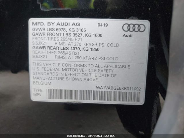 WA1VABGE5KB011092 Audi E-tron Premium Plus