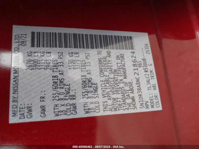 5N1DR3BA8NC218624 Nissan Pathfinder Sv 2wd