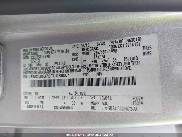 Ford ESCAPE SE 2015 1FMCU0G72FUC86001 Image 9