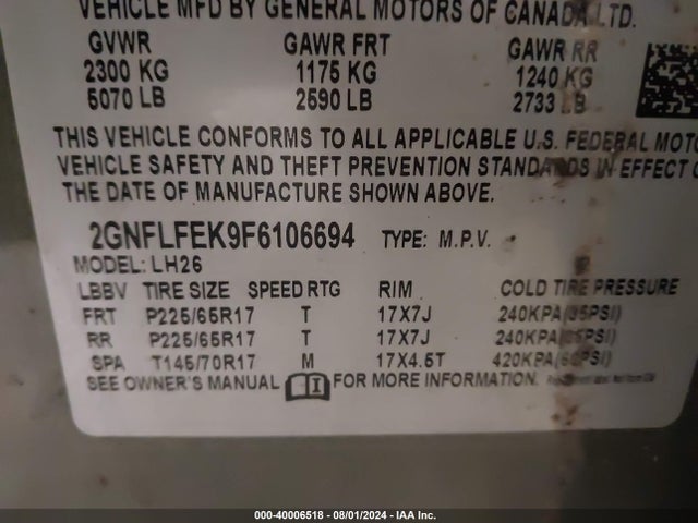 Chevrolet EQUINOX 1LT 2015 2GNFLFEK9F6106694 Image 9