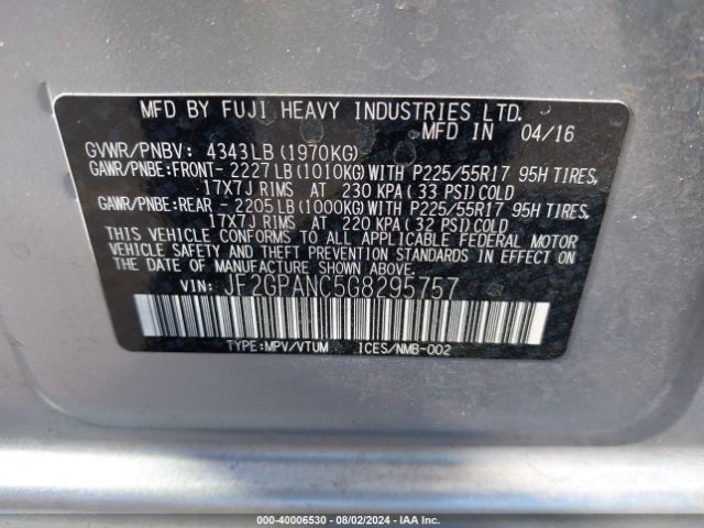 JF2GPANC5G8295757 Subaru Crosstrek 2.0i Limited