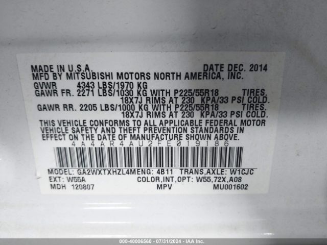 4A4AR4AU2FE019186 Mitsubishi Outlander Sport Se