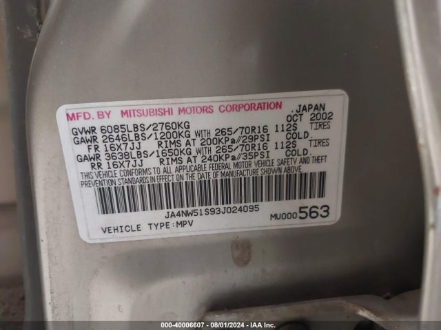 2003 MITSUBISHI MONTERO JA4NW51S93J024095 Photo 8