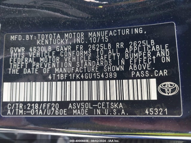 Toyota CAMRY SE 2016 4T1BF1FK4GU154389 Image 9