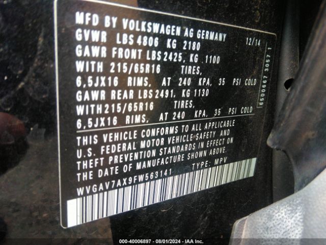 WVGAV7AX9FW563141 Volkswagen TIGUAN S