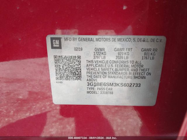 3G1BE6SM3KS602733 Chevrolet CRUZE LT
