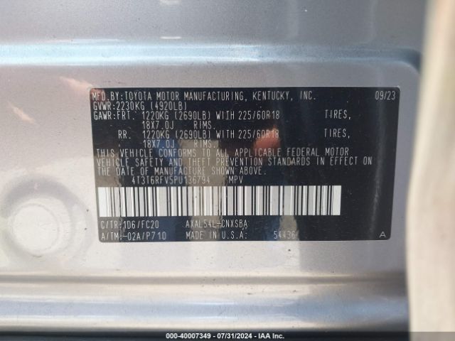 4T3T6RFV5PU136794 Toyota Rav4 Hybrid Se