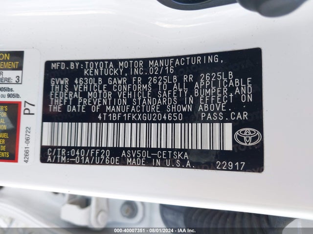 Toyota CAMRY SE 2016 4T1BF1FKXGU204650 Image 9