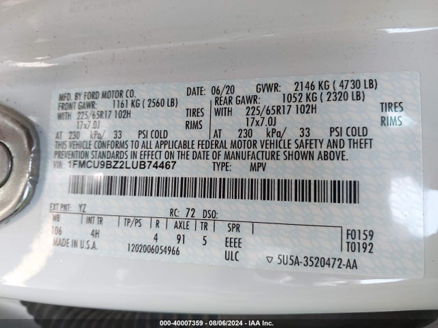 1FMCU9BZ2LUB74467 Ford Escape Se Sport Hybrid