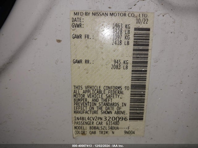 1N4BL4CV2PN320096 Nissan Altima Sr Fwd