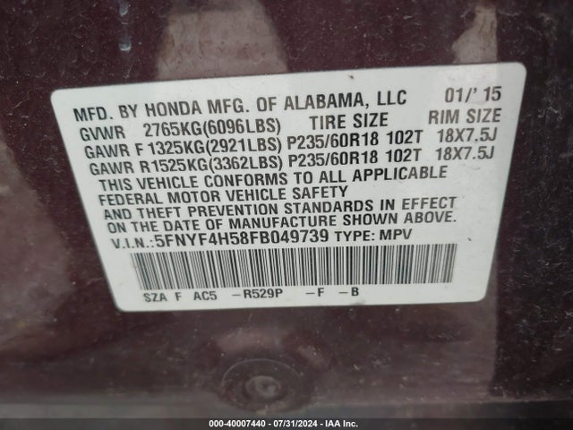 Honda Pilot Ex-l 2015 5FNYF4H58FB049739 Image 9