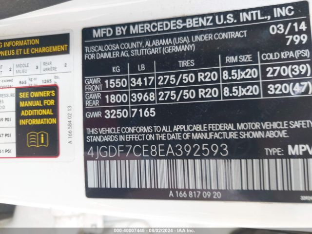 4JGDF7CE8EA392593 Mercedes-Benz Gl 450 4matic