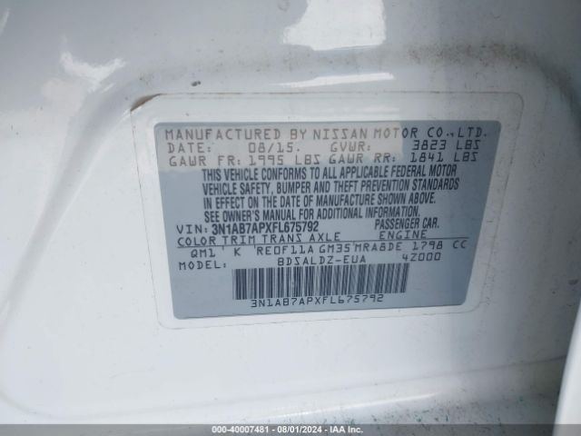 3N1AB7APXFL675792 Nissan SENTRA SV
