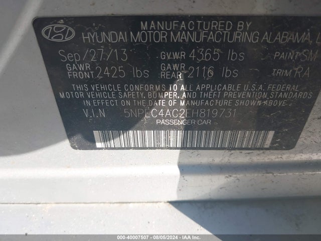 Hyundai SONATA SE 2014 5NPEC4AC2EH819731 Image 9
