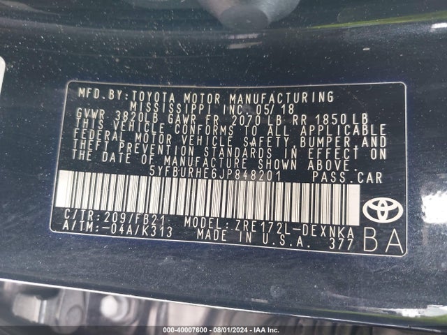 Toyota COROLLA LE 2018 5YFBURHE6JP848201 Image 9