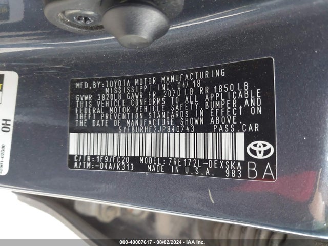 Toyota COROLLA SE 2018 5YFBURHE2JP840743 Image 9