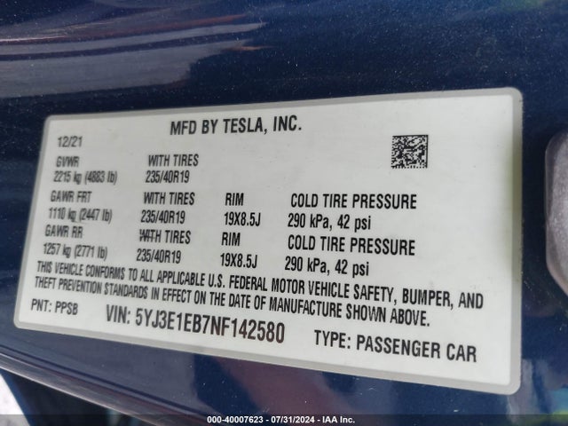 2022 TESLA MODEL 3 5YJ3E1EB7NF142580 Photo 8
