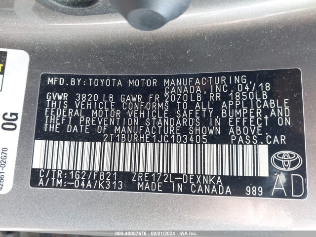 Toyota COROLLA LE 2018 2T1BURHE1JC103405 Image 9