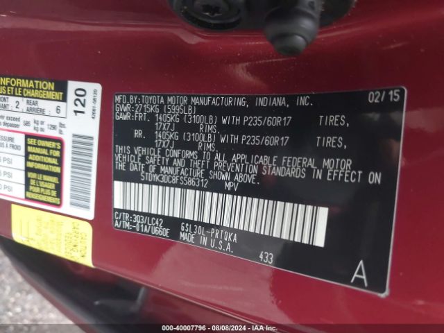 Toyota Sienna Xle 8 Passenger 2015 5TDYK3DC8FS586312 Image 9
