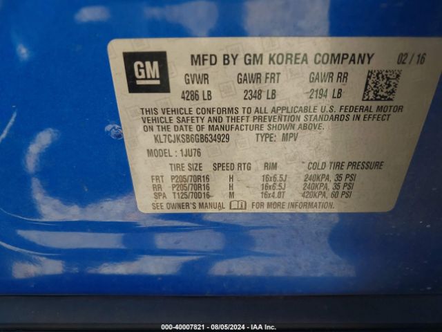 KL7CJKSB6GB634929 Chevrolet Trax 1ls