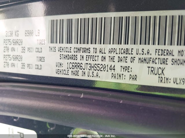 1C6RR6JT3HS520144 RAM 1500 Laramie Quad Cab 4x2 6'4 Box