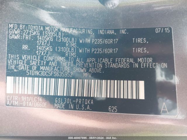 5TDYK3DC5FS635952 Toyota Sienna Xle 8 Passenger