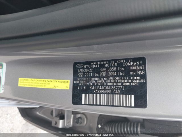 KMHLP4AGXNU367771 Hyundai Elantra Limited