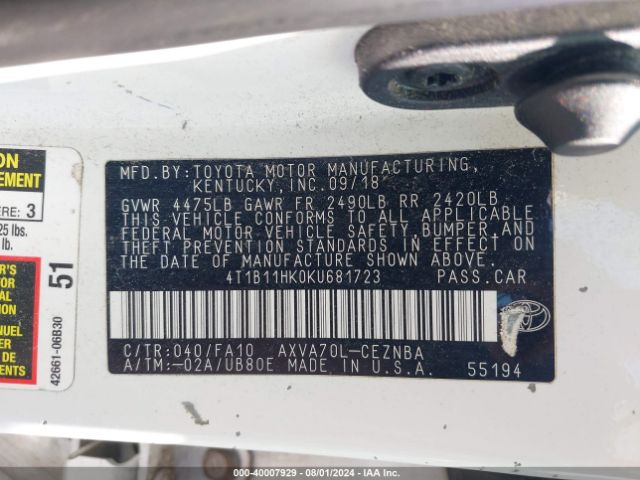 4T1B11HK0KU681723 Toyota CAMRY LE