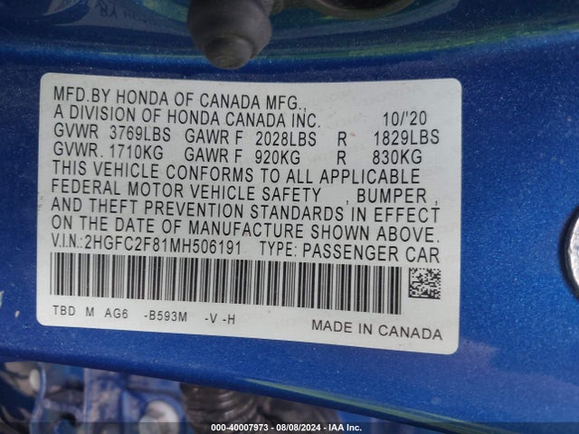 Honda Civic Sport 2021 2HGFC2F81MH506191 Image 9