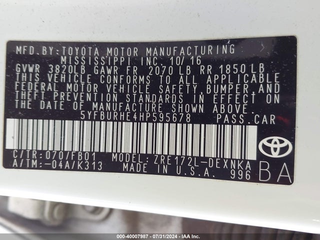 Toyota COROLLA LE 2017 5YFBURHE4HP595678 Image 9