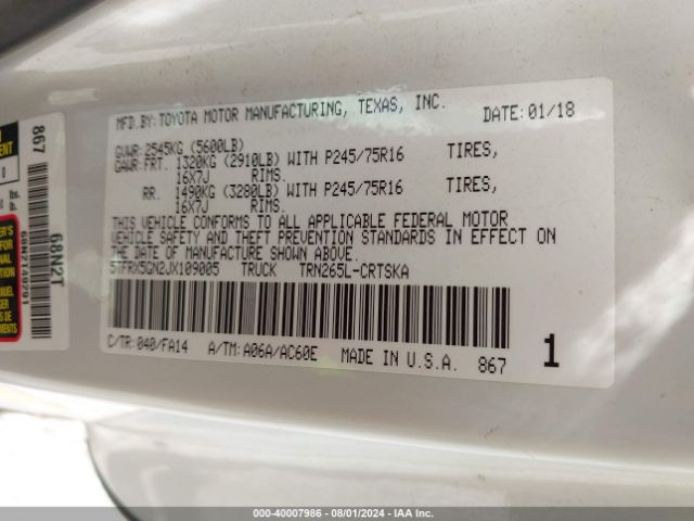 5TFRX5GN2JX109005 Toyota Tacoma Sr