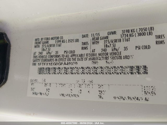 Ford F-150 Lariat 2016 1FTFX1EG0GFA49370 Image 9