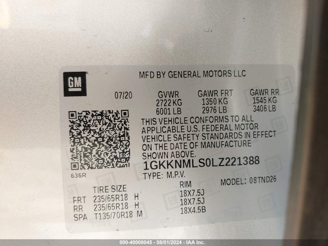 1GKKNMLS0LZ221388 GMC Acadia Fwd Slt