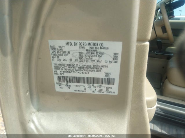 2012 Ford Escape Limited მანქანა იყიდება აუქციონზე, vin: 1FMCU0E73CKC47573, აუქციონის ნომერი: 40008061