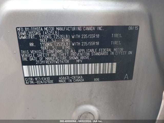 Toyota Rav4 Limited 2015 2T3YFREV7FW214708 Image 9